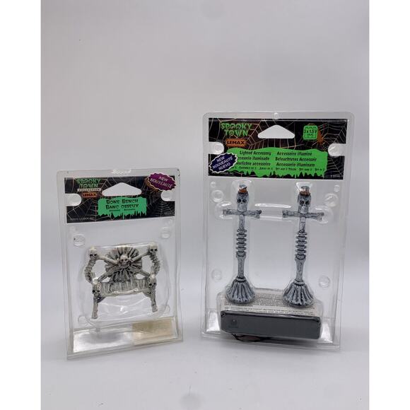 Lemax Spooky Town Village Halloween BONE BENCH & Light up Skeleton cross Retired - Picture 1 of 5